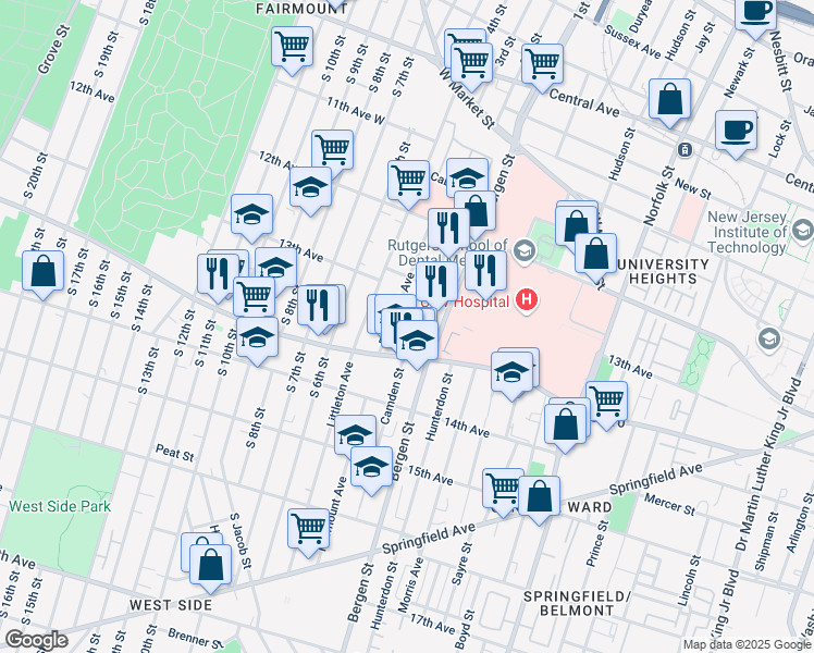 map of restaurants, bars, coffee shops, grocery stores, and more near 216 Fairmount Avenue in Newark