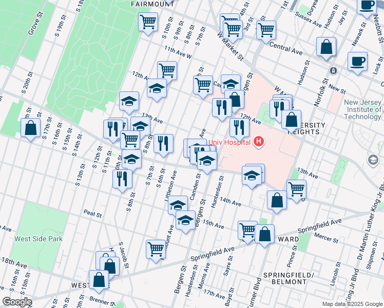 map of restaurants, bars, coffee shops, grocery stores, and more near 216 Fairmount Avenue in Newark