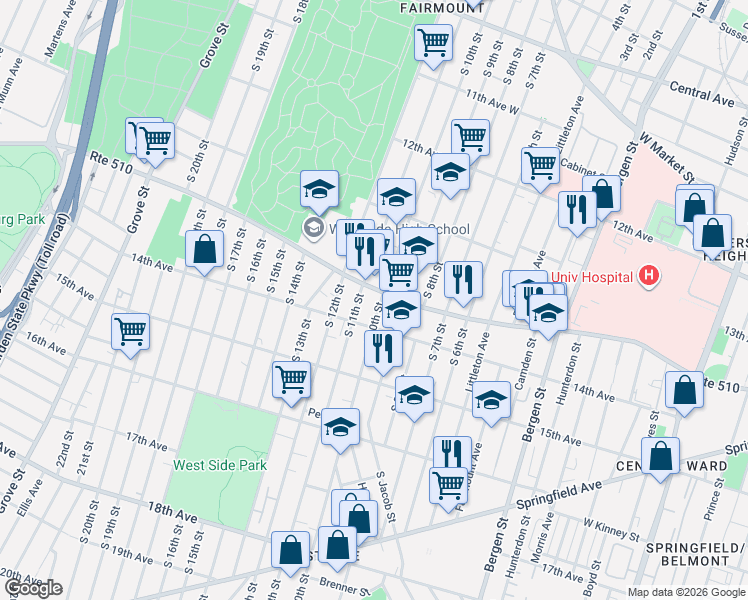 map of restaurants, bars, coffee shops, grocery stores, and more near in Newark