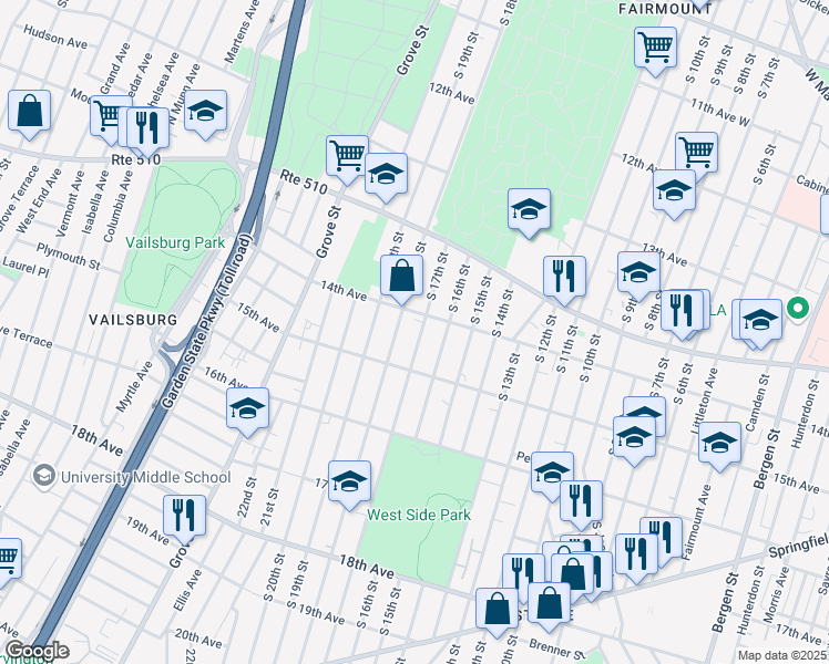 map of restaurants, bars, coffee shops, grocery stores, and more near 471 South 17th Street in Newark