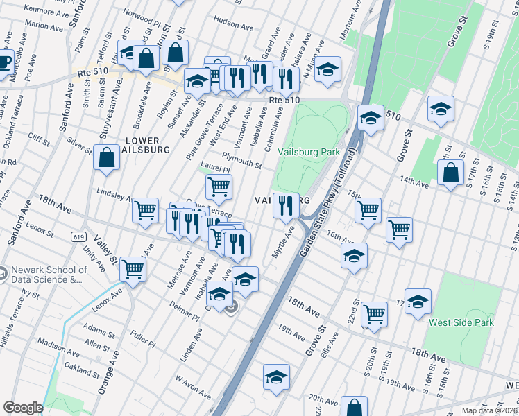 map of restaurants, bars, coffee shops, grocery stores, and more near 153 South Munn Avenue in Newark