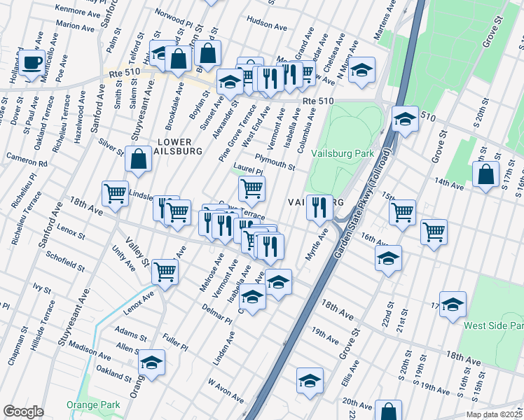 map of restaurants, bars, coffee shops, grocery stores, and more near 150 Isabella Avenue in Newark