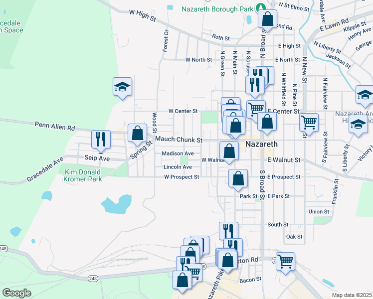 map of restaurants, bars, coffee shops, grocery stores, and more near 310 Madison Avenue in Nazareth