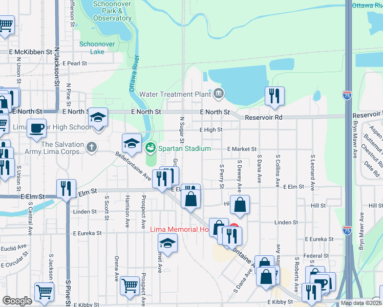 map of restaurants, bars, coffee shops, grocery stores, and more near 1016 East Market Street in Lima