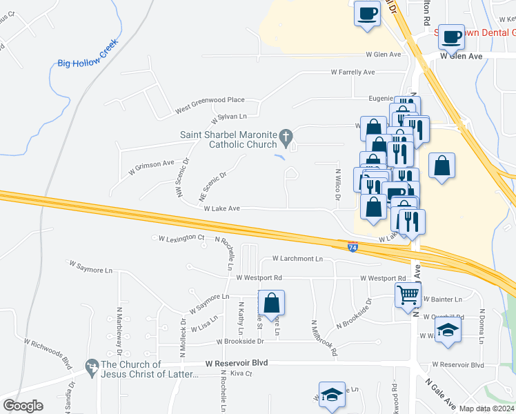 map of restaurants, bars, coffee shops, grocery stores, and more near 3105 West Lake Avenue in Peoria