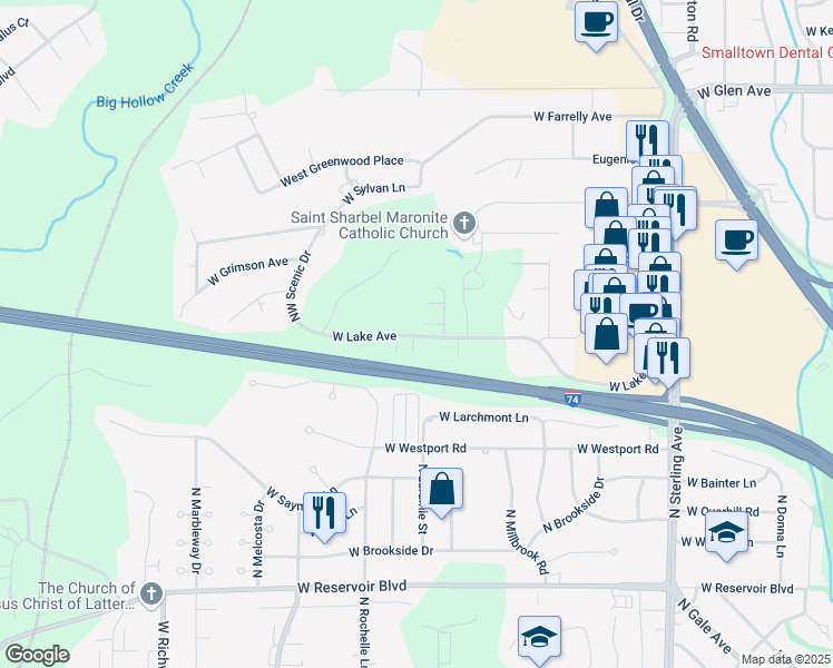 map of restaurants, bars, coffee shops, grocery stores, and more near 3105 West Lake Avenue in Peoria