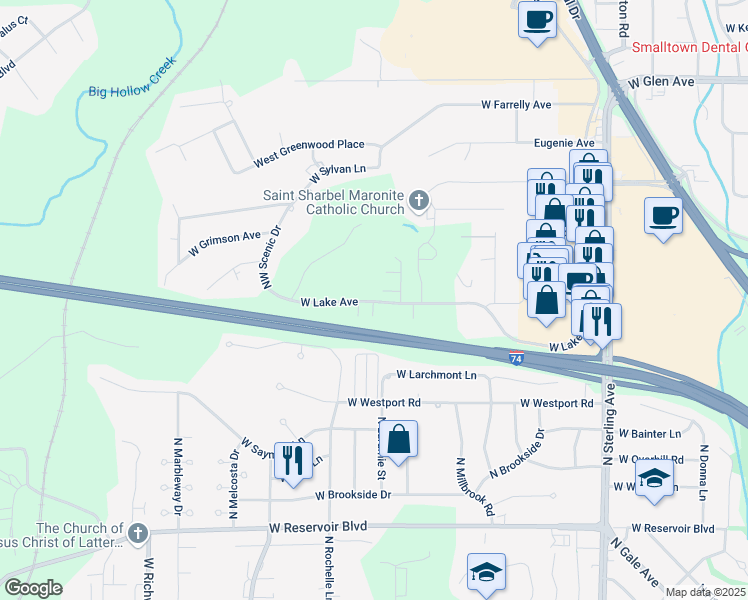 map of restaurants, bars, coffee shops, grocery stores, and more near 3105 West Lake Avenue in Peoria