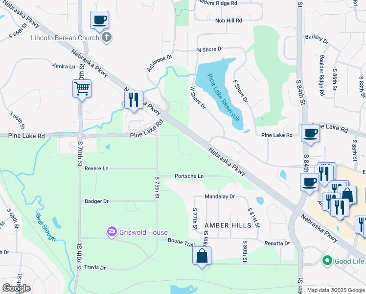 map of restaurants, bars, coffee shops, grocery stores, and more near 7679 Nebraska Highway in Lincoln