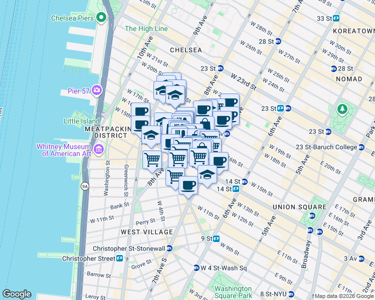 map of restaurants, bars, coffee shops, grocery stores, and more near 228 West 15th Street in New York