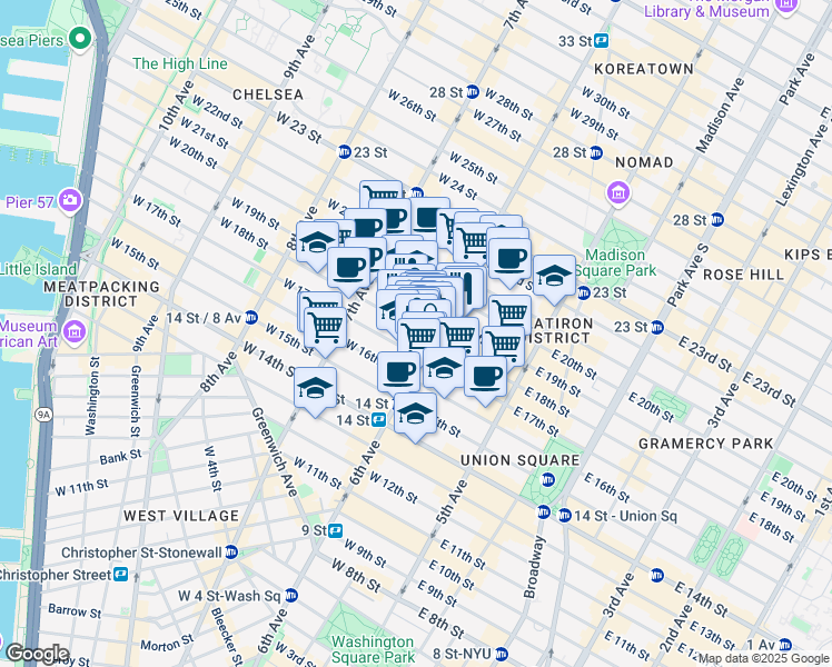 map of restaurants, bars, coffee shops, grocery stores, and more near 100 West 18th Street in New York