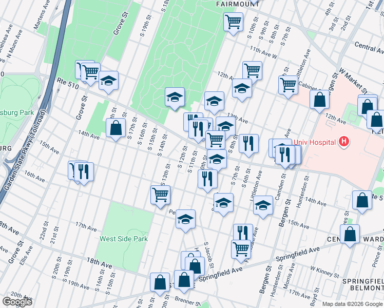 map of restaurants, bars, coffee shops, grocery stores, and more near 395 South 11th Street in Newark