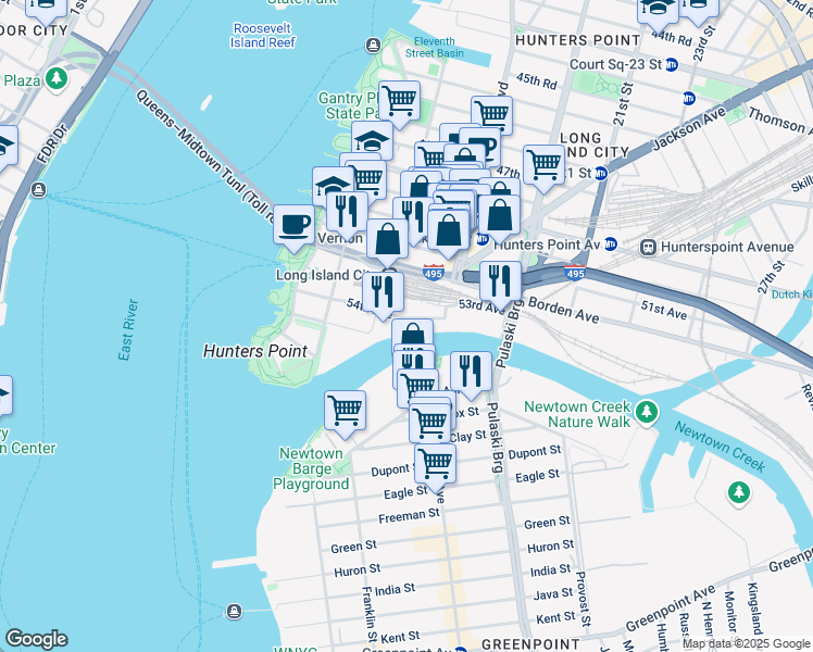 map of restaurants, bars, coffee shops, grocery stores, and more near 5-40 54th Avenue in Queens