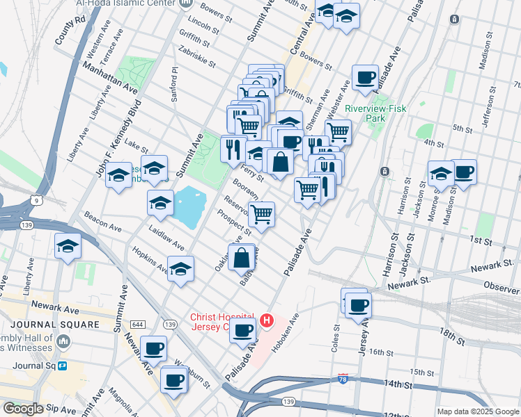 map of restaurants, bars, coffee shops, grocery stores, and more near 91 Booraem Avenue in Jersey City