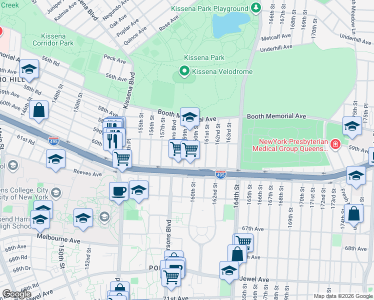 map of restaurants, bars, coffee shops, grocery stores, and more near 59-17 159th Street in Queens