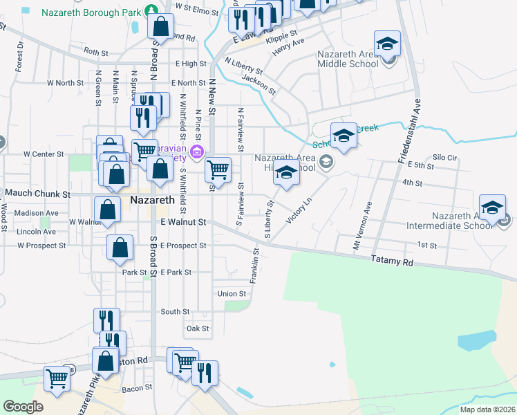 map of restaurants, bars, coffee shops, grocery stores, and more near 421 Bank Street in Nazareth