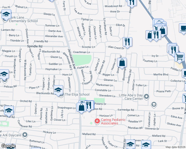 map of restaurants, bars, coffee shops, grocery stores, and more near 53 Coppersmith Road in Levittown