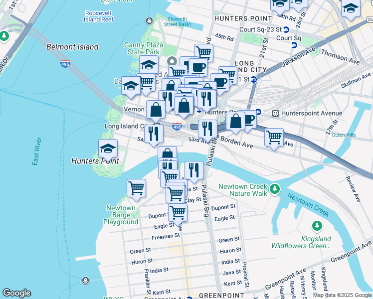 map of restaurants, bars, coffee shops, grocery stores, and more near 53-21 Vernon Boulevard in Queens