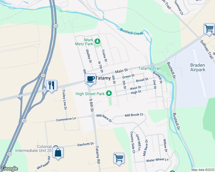 map of restaurants, bars, coffee shops, grocery stores, and more near 66 South 7th Street in Tatamy