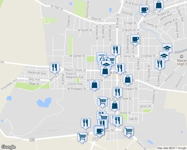 map of restaurants, bars, coffee shops, grocery stores, and more near 124 South Green Street in Nazareth