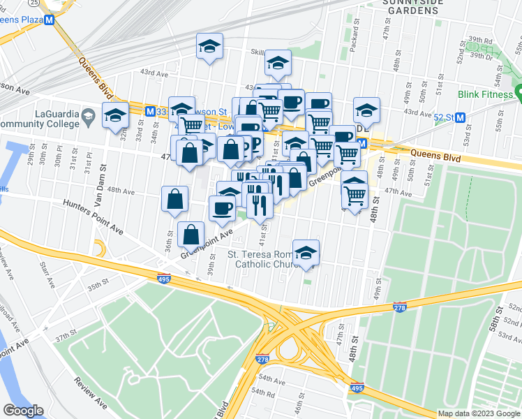 map of restaurants, bars, coffee shops, grocery stores, and more near 40-15 48th Avenue in Queens