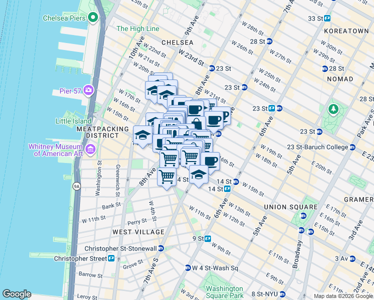 map of restaurants, bars, coffee shops, grocery stores, and more near 228 West 15th Street in New York