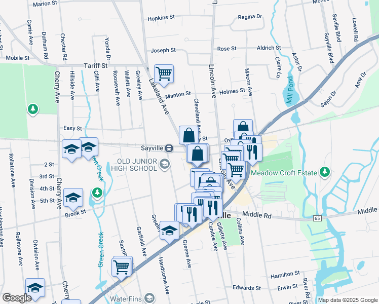 map of restaurants, bars, coffee shops, grocery stores, and more near 303 Railroad Avenue in Sayville