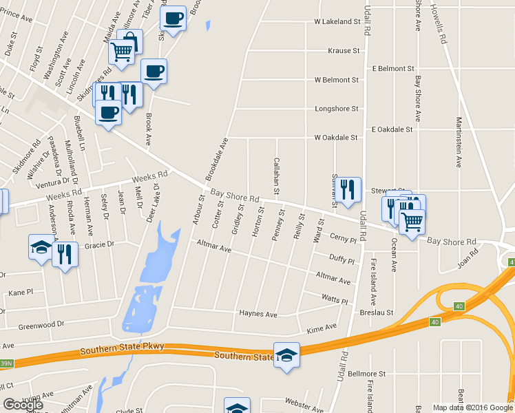 map of restaurants, bars, coffee shops, grocery stores, and more near 92 Horton Street in West Islip