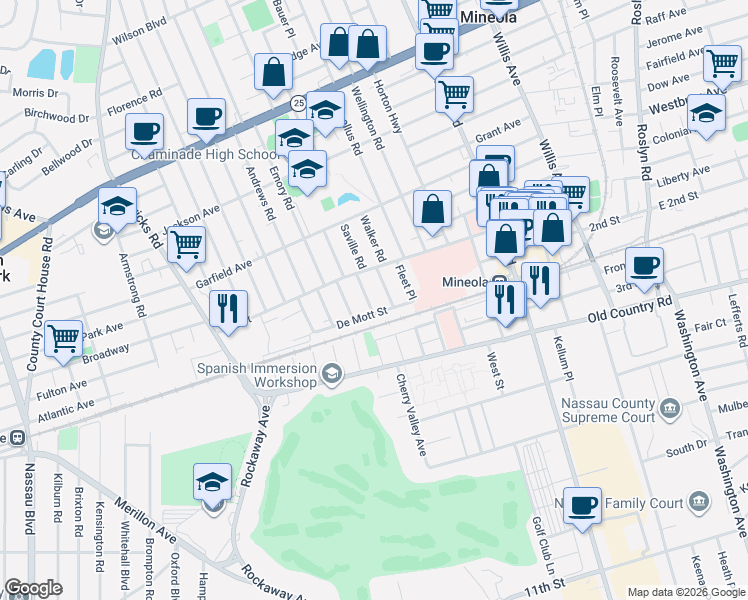 map of restaurants, bars, coffee shops, grocery stores, and more near 91 Woodnut Place in Mineola