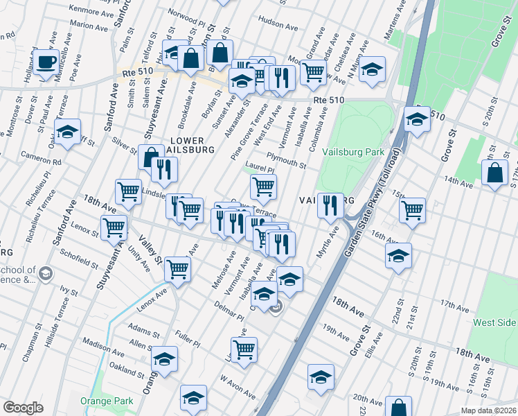 map of restaurants, bars, coffee shops, grocery stores, and more near 151 Vermont Avenue in Newark