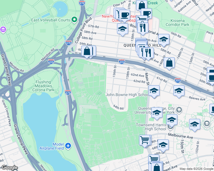 map of restaurants, bars, coffee shops, grocery stores, and more near 135-08 63rd Road in Queens