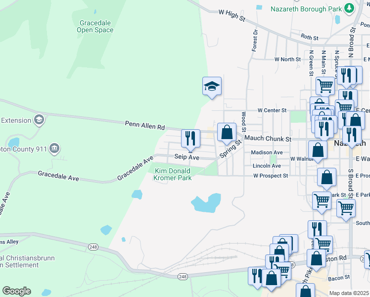 map of restaurants, bars, coffee shops, grocery stores, and more near 613 Heckman Avenue in Nazareth