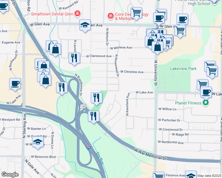 map of restaurants, bars, coffee shops, grocery stores, and more near 1705 West Lake Avenue in Peoria
