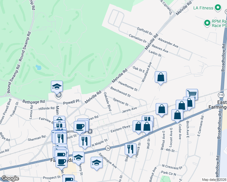 map of restaurants, bars, coffee shops, grocery stores, and more near 32 Beechwood Street in Farmingdale