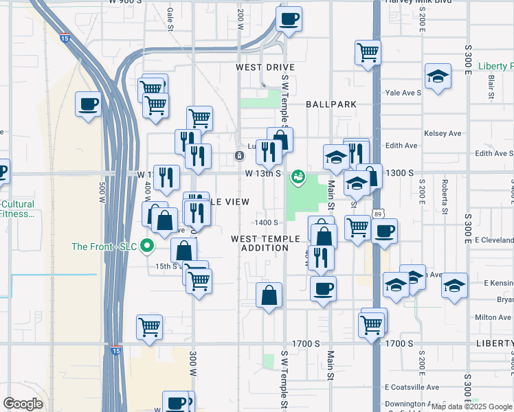 map of restaurants, bars, coffee shops, grocery stores, and more near 1358 Jefferson Street in Salt Lake City