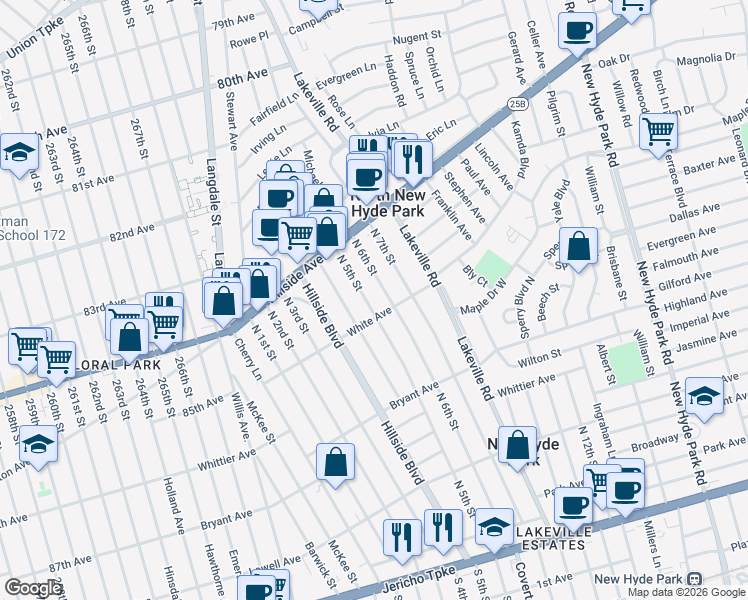 map of restaurants, bars, coffee shops, grocery stores, and more near 1019 North 5th Street in New Hyde Park