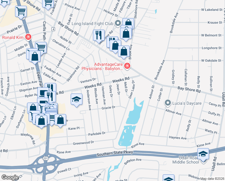 map of restaurants, bars, coffee shops, grocery stores, and more near 95 Seley Drive in North Babylon