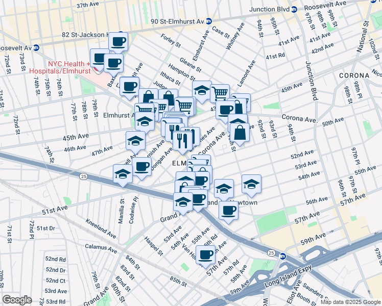 map of restaurants, bars, coffee shops, grocery stores, and more near in Queens