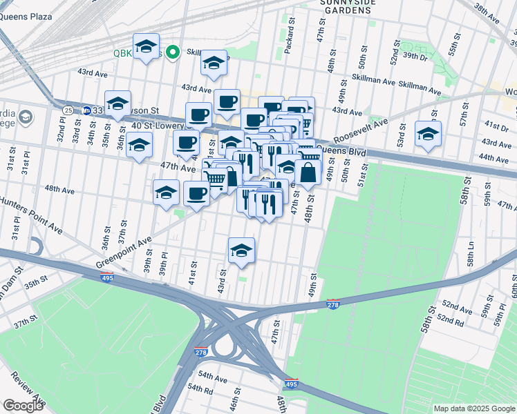 map of restaurants, bars, coffee shops, grocery stores, and more near 47-44 45th Street in Queens