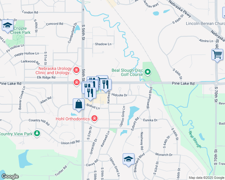map of restaurants, bars, coffee shops, grocery stores, and more near 7056 Kentwell Lane in Lincoln