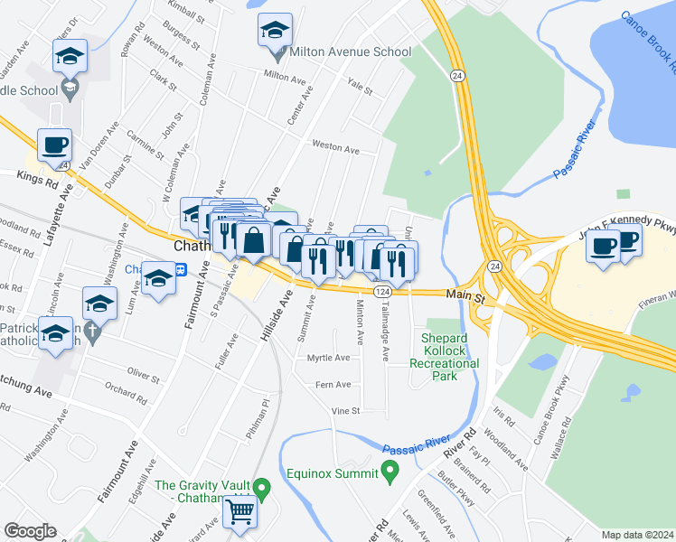map of restaurants, bars, coffee shops, grocery stores, and more near 7 Hedges Avenue in Chatham