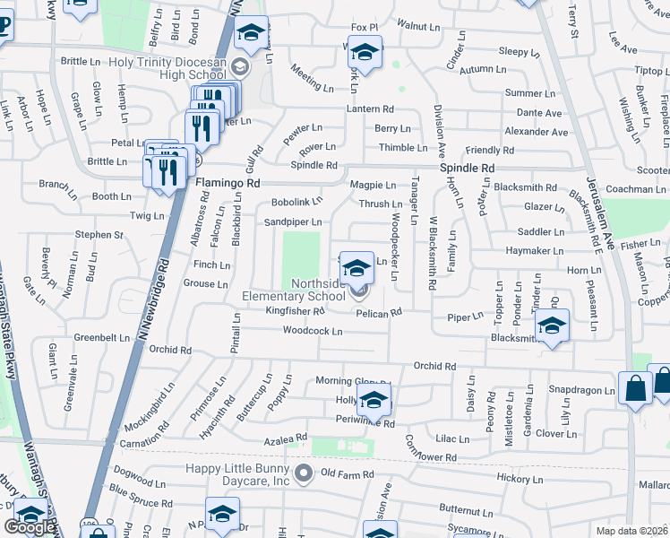 map of restaurants, bars, coffee shops, grocery stores, and more near 62 Kingfisher Road in Levittown