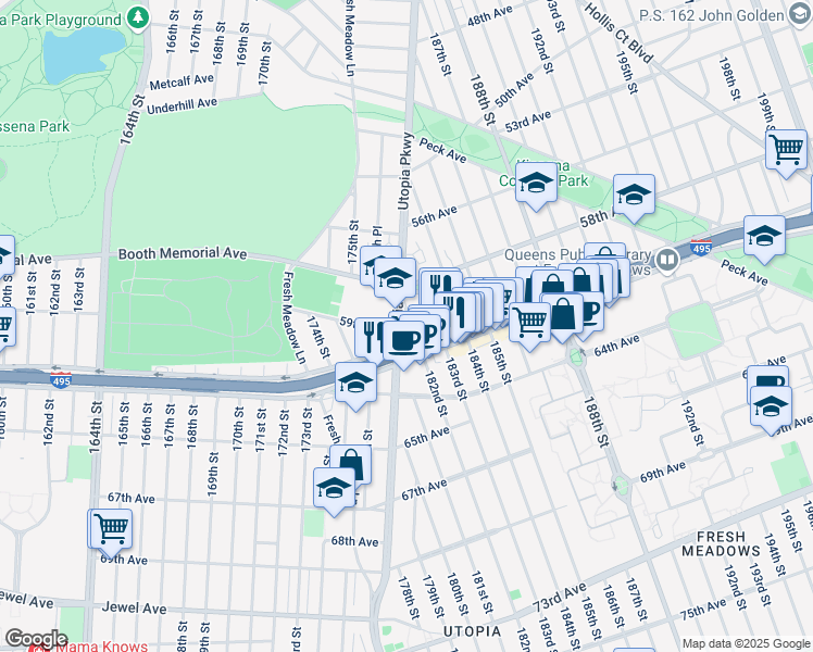 map of restaurants, bars, coffee shops, grocery stores, and more near 58-38 182nd Street in Queens