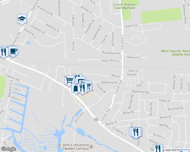 map of restaurants, bars, coffee shops, grocery stores, and more near 532 Race Place in Oakdale