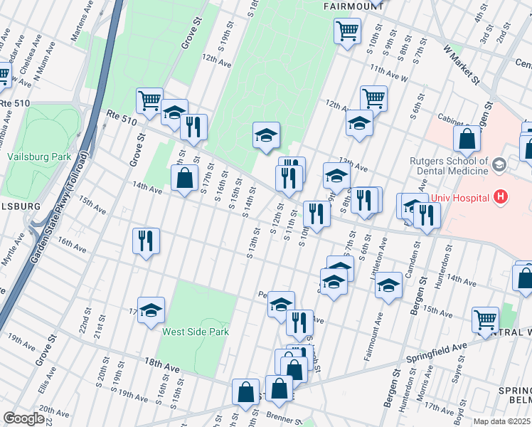 map of restaurants, bars, coffee shops, grocery stores, and more near 28 Ashland Street in Newark