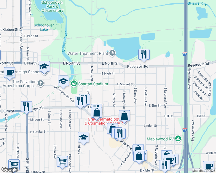 map of restaurants, bars, coffee shops, grocery stores, and more near 1118 East Market Street in Lima