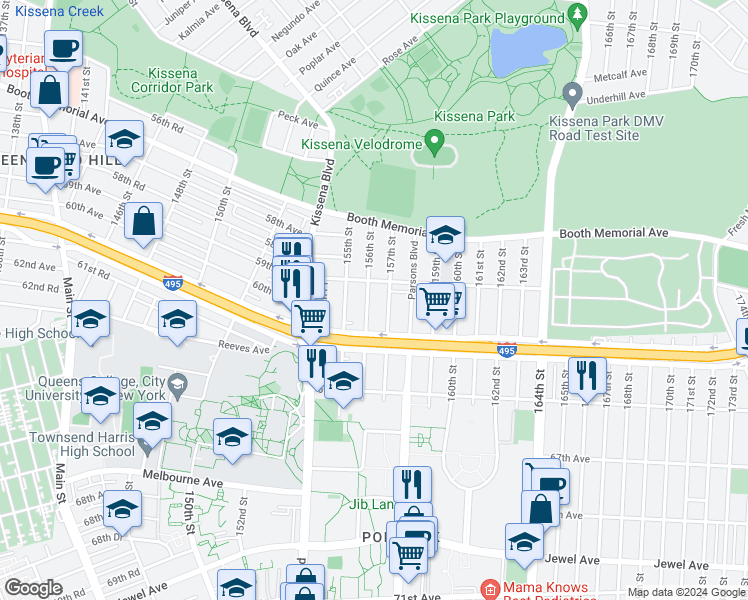 map of restaurants, bars, coffee shops, grocery stores, and more near 59-19 156th Street in Queens