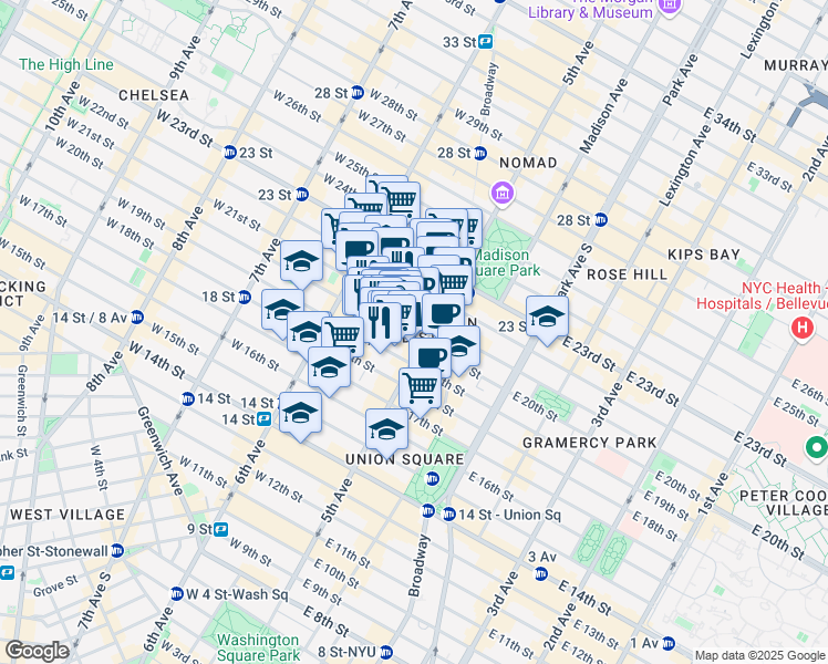 map of restaurants, bars, coffee shops, grocery stores, and more near 20 West 20th Street in New York