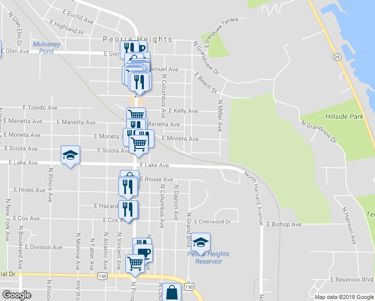 map of restaurants, bars, coffee shops, grocery stores, and more near 4403 North Constantine Avenue in Peoria Heights