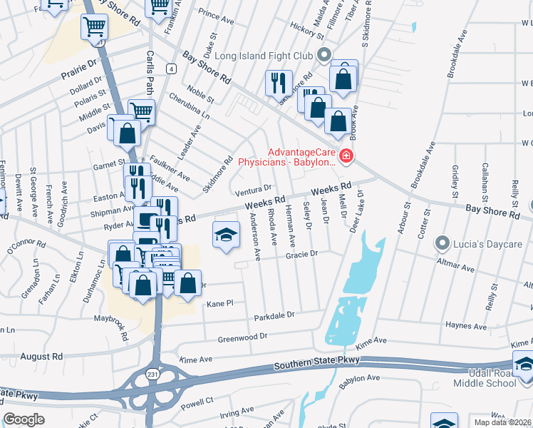 map of restaurants, bars, coffee shops, grocery stores, and more near 100 Rhoda Avenue in North Babylon
