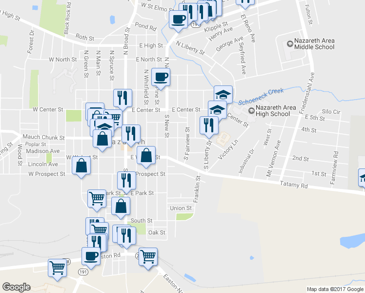 map of restaurants, bars, coffee shops, grocery stores, and more near 110 South Fairview Street in Nazareth